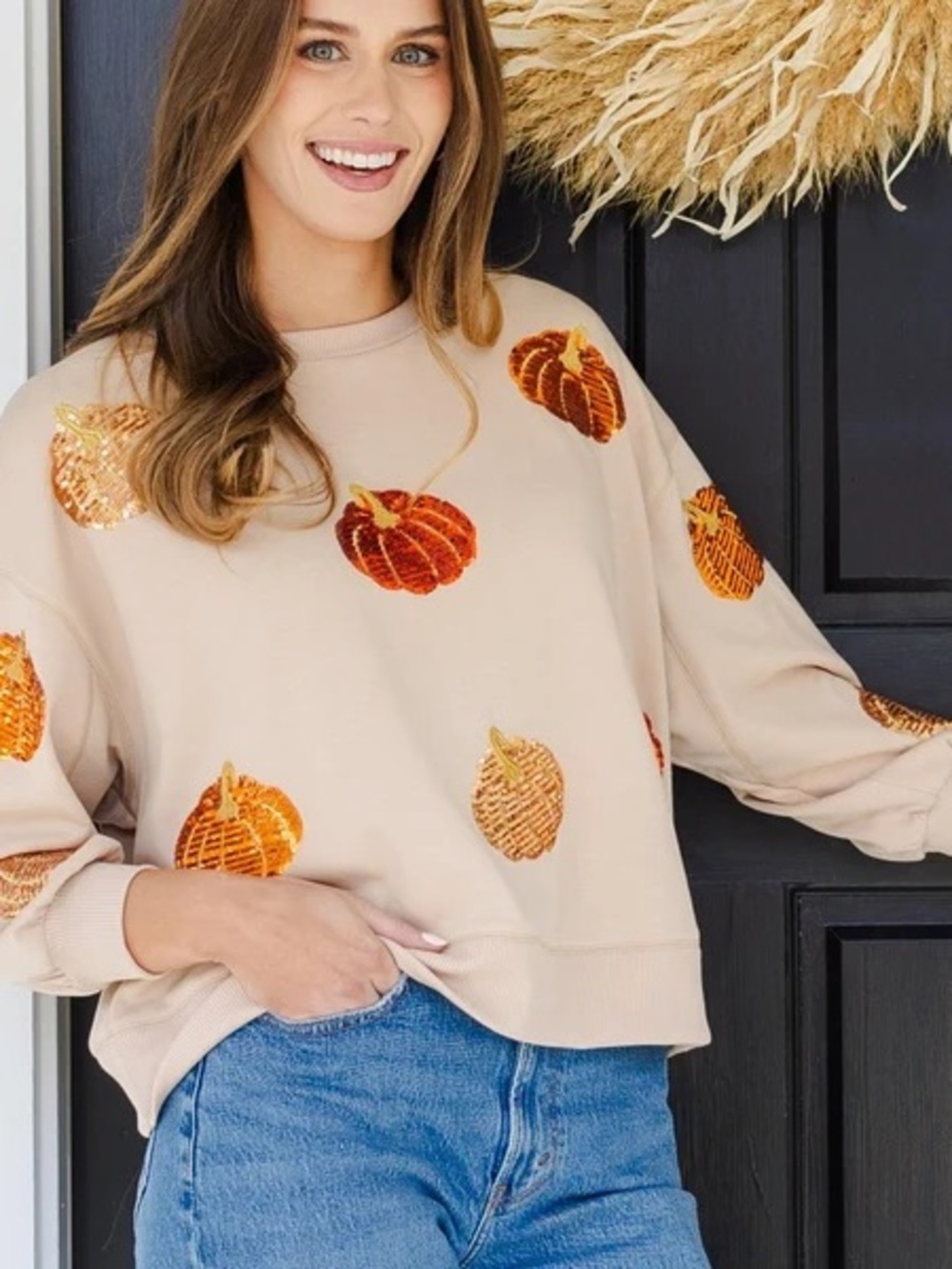 Mary square- new with tags, Beige Pumpkin Sequin Sweatshirt - Women Sweater